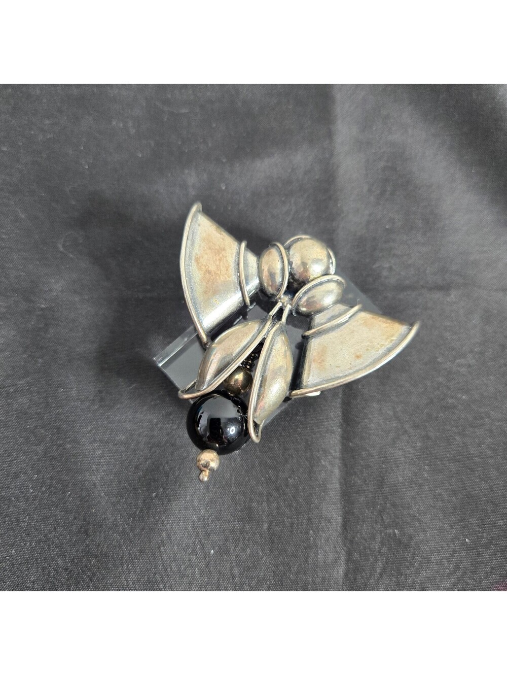 Vintage Sterling Silver Modernist Bell Flower Brooch Black Onyx Dangle 925 Large